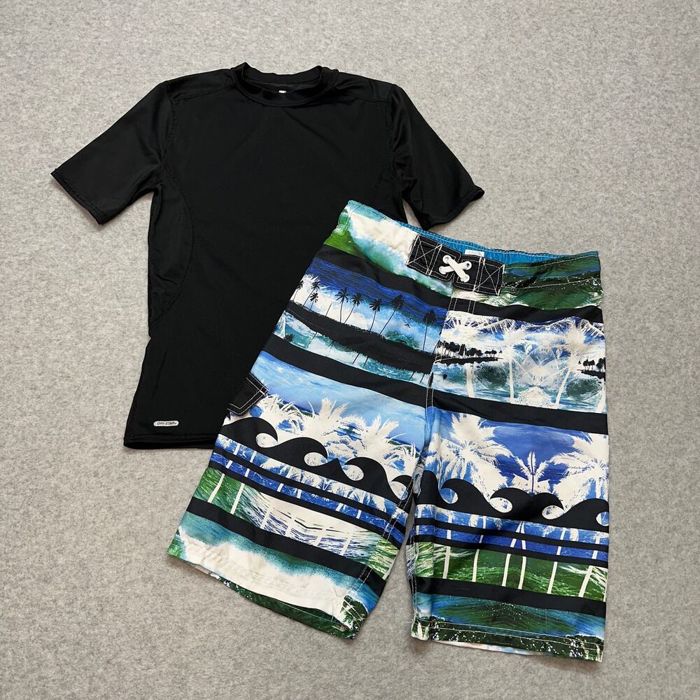 Cherokee Swim Short Ocean Print Youth Boys L Bundle W/ Starter Black Shirt SZ XL